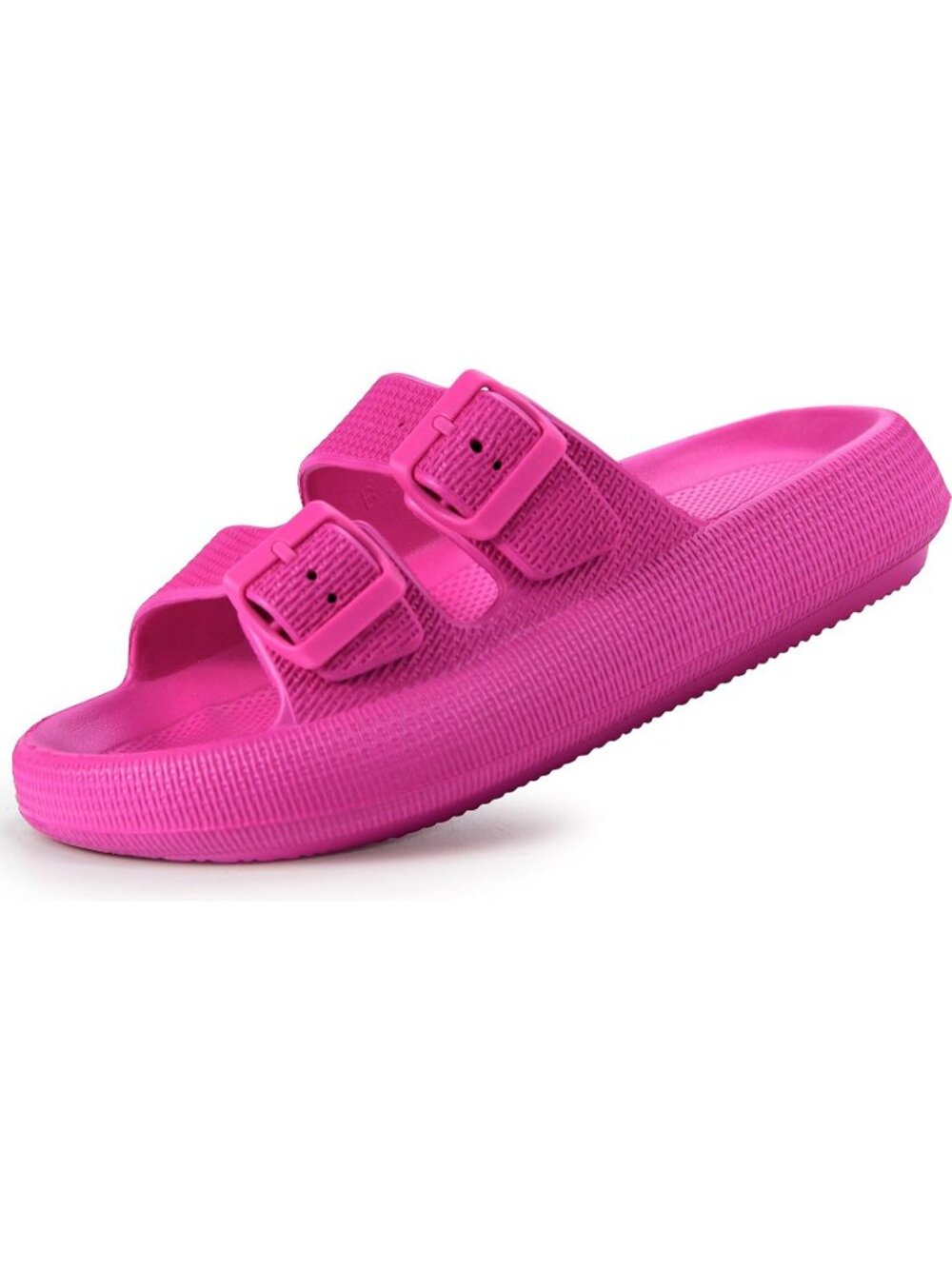 Women's Hot Pink Adjustable Width Design Double Buckle Flat Slides Slippers